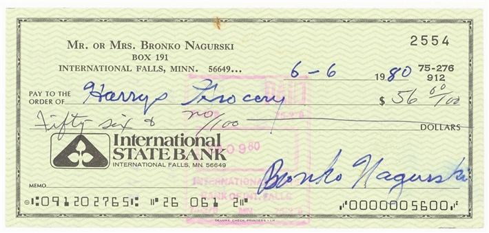1980 Bronko Nagurski Signed Personal Check (PSA/DNA)